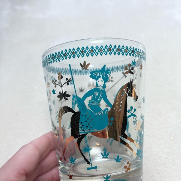 Mid Century Arabian Nights Vintage Horse & Rider glass lowball large rocks set - Picture 3 of 10